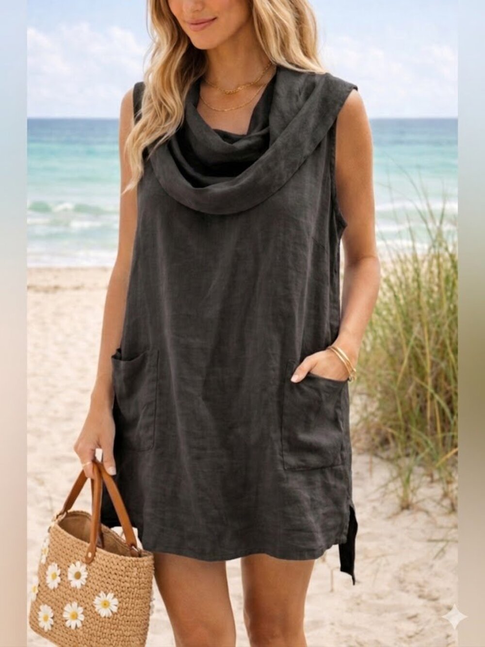 NWT Match Point 100% Linen Dress Black Cowl Neck A Line Pockets Small